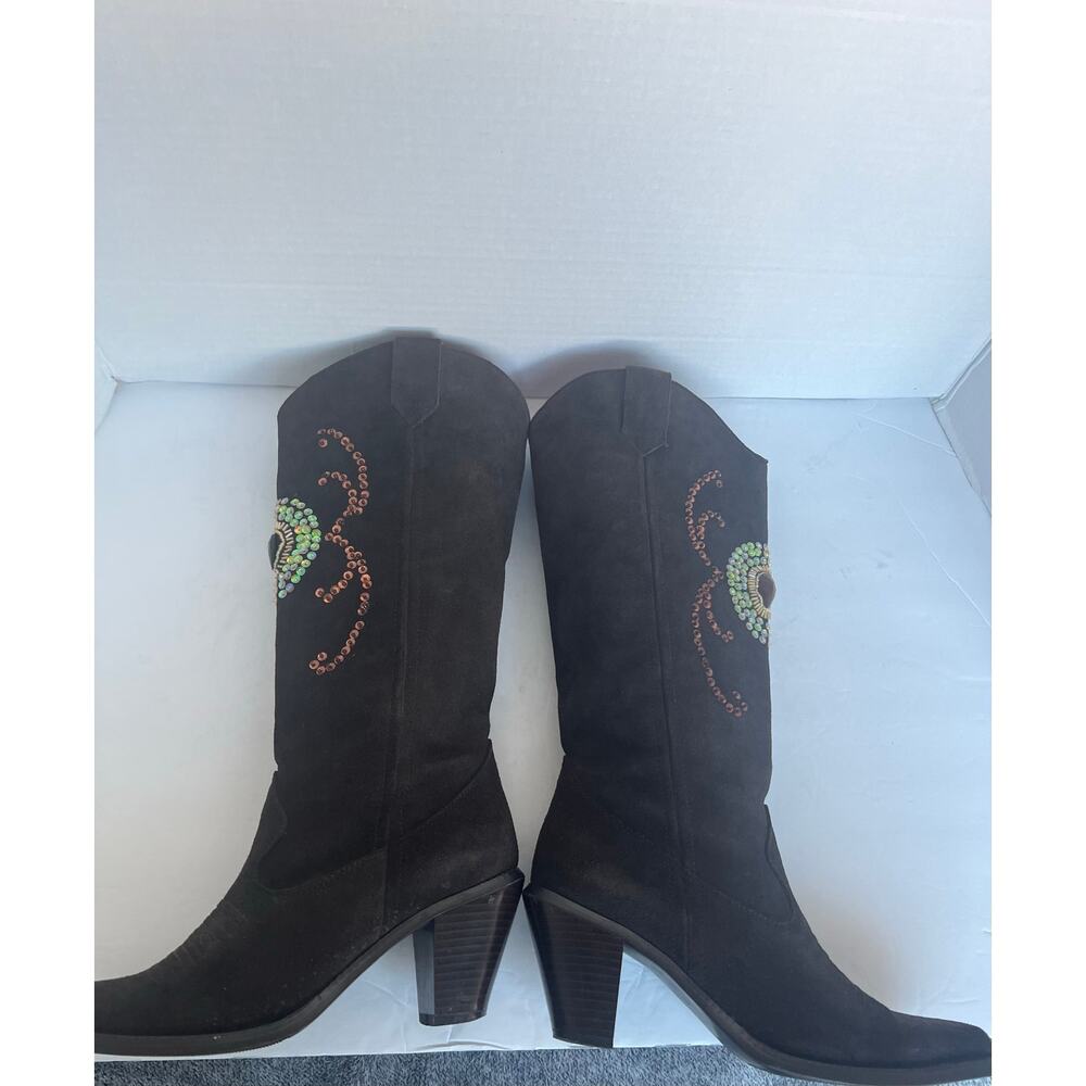 Colin Stuart Jeweled Sequin Western Brown Suede Knee High Pull On Boots Size 7 - Picture 5 of 14